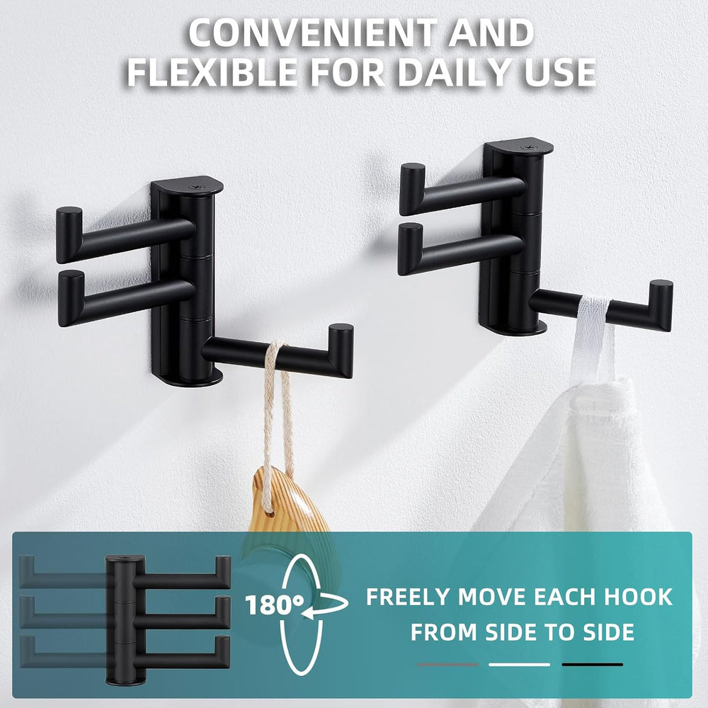 Angle Simple Swivel Towel Hooks for Bathrooms, 2 Pack Wall Hook Matte Black