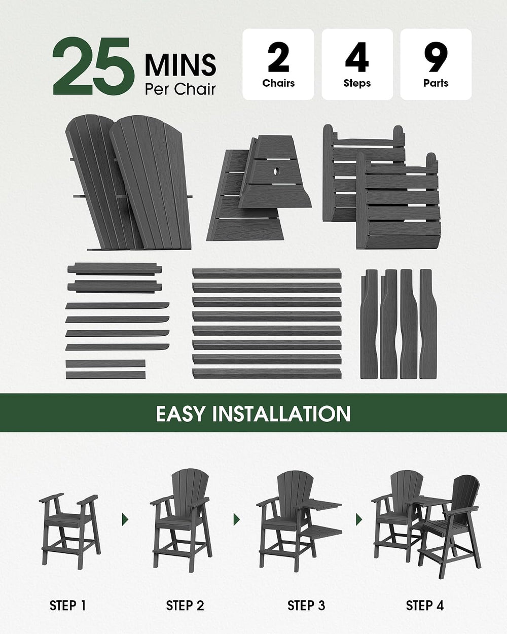 Tall Adirondack Chairs Set of 2 with Table Trays, Dark Grey