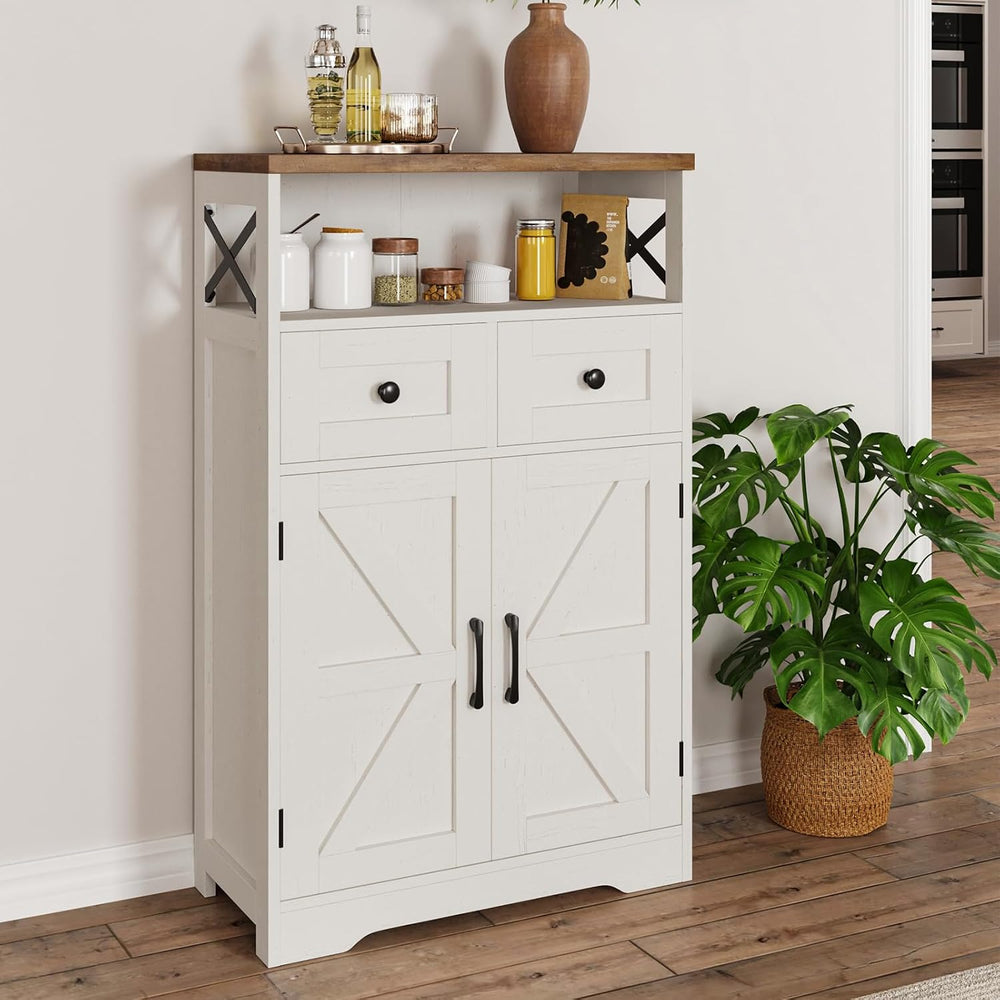 White Farmhouse Storage Cabinet with Doors and Drawers, Small Pantry Hutch