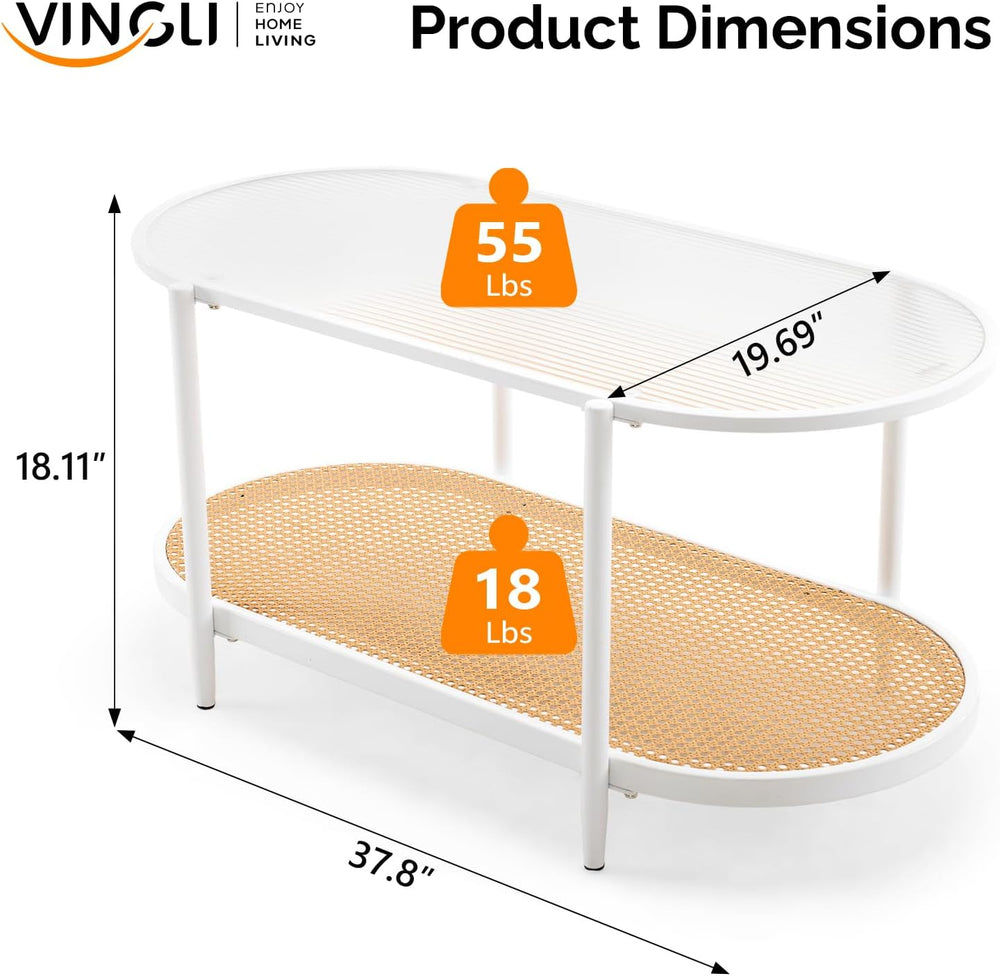 VINGLI 38" Oval Glass Coffee Table, Rattan Coffee Table, White