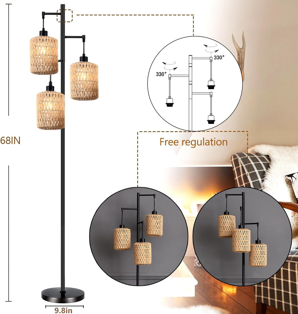 QIYIZM Floor Lamp for Living Room,Bedroom,3-Lights Boho Rattan Tree Floor Lig...