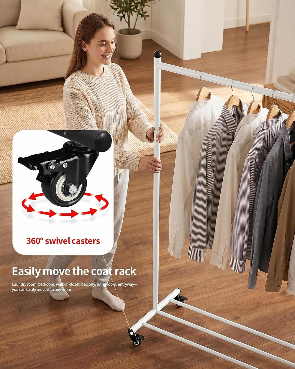 Rolling Clothes Rack Heavy Duty Garment Rack with Wheels, White
