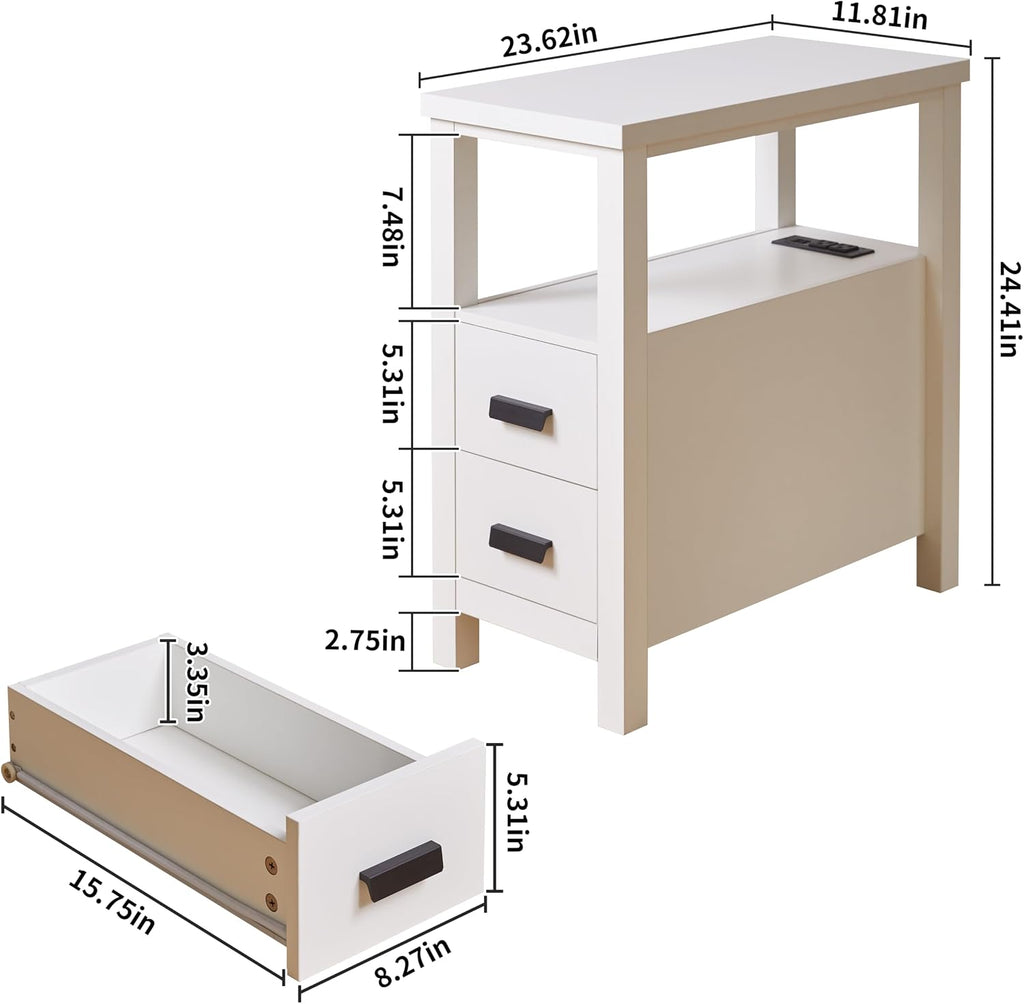 End Table with Charging Station, Nightstand with USB Ports & Outlets, Wood Side Table with 2 Drawers & Storage Shelf for Bedroom,Walnut (White)