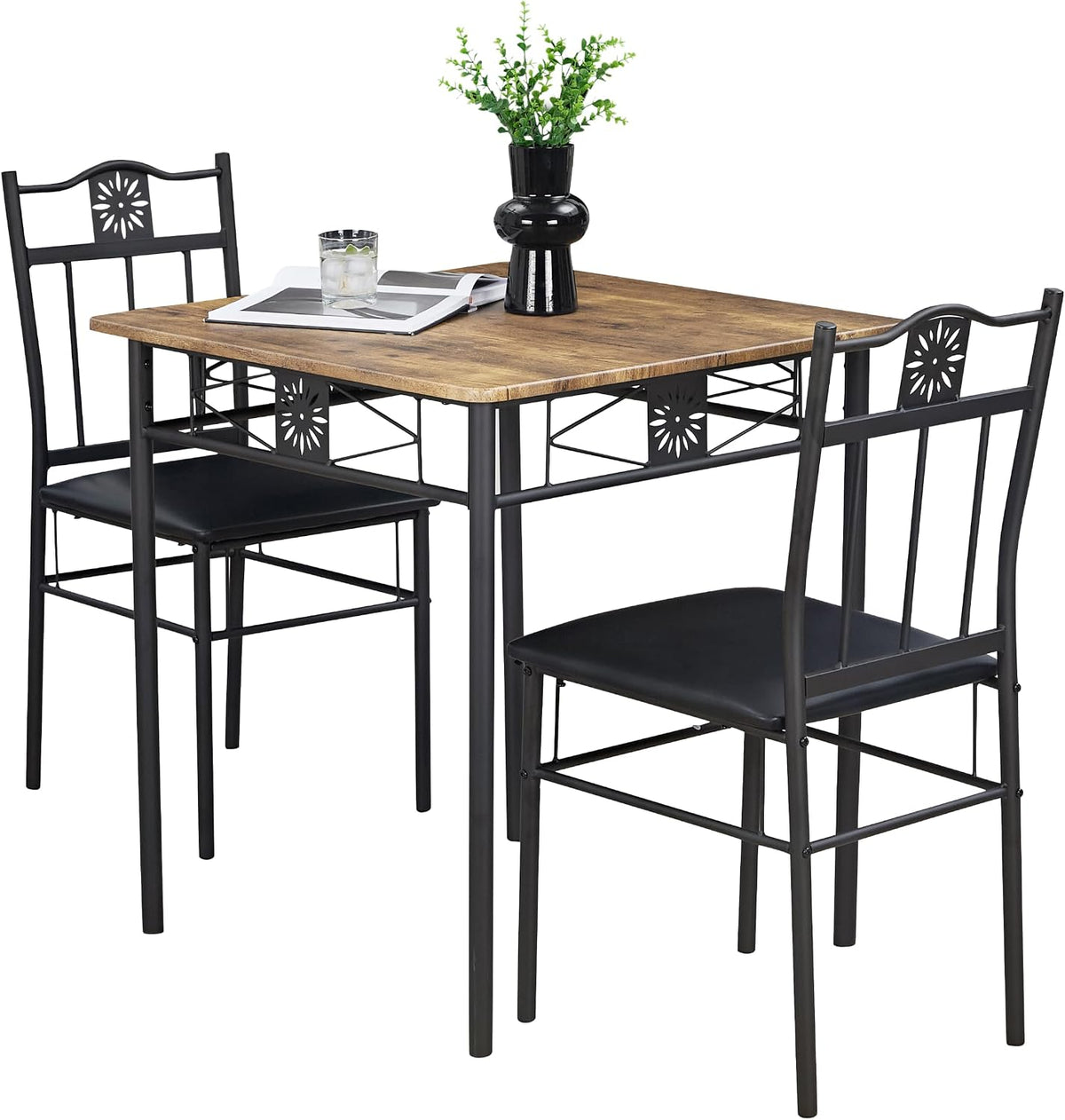 VECELO 3 Piece Small Dining Table Set for 2 with Upholstered Chairs, Brown