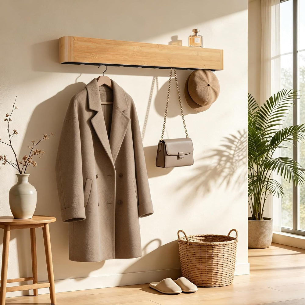 33" Bamboo Coat Rack Wall Mount, 8 Hidden Hooks, Family, Natural