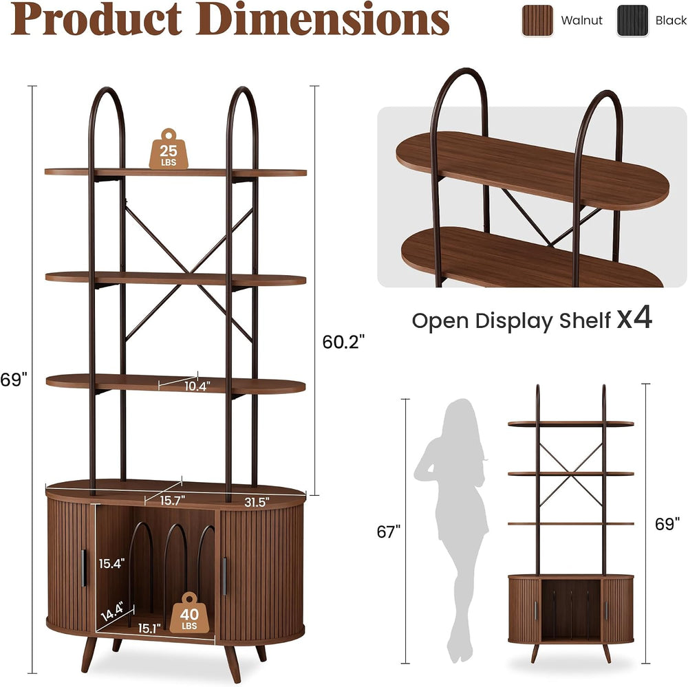 Tall Vinyl Record Player Stand with Sliding Doors, 4 Tier Shelf, Walnut