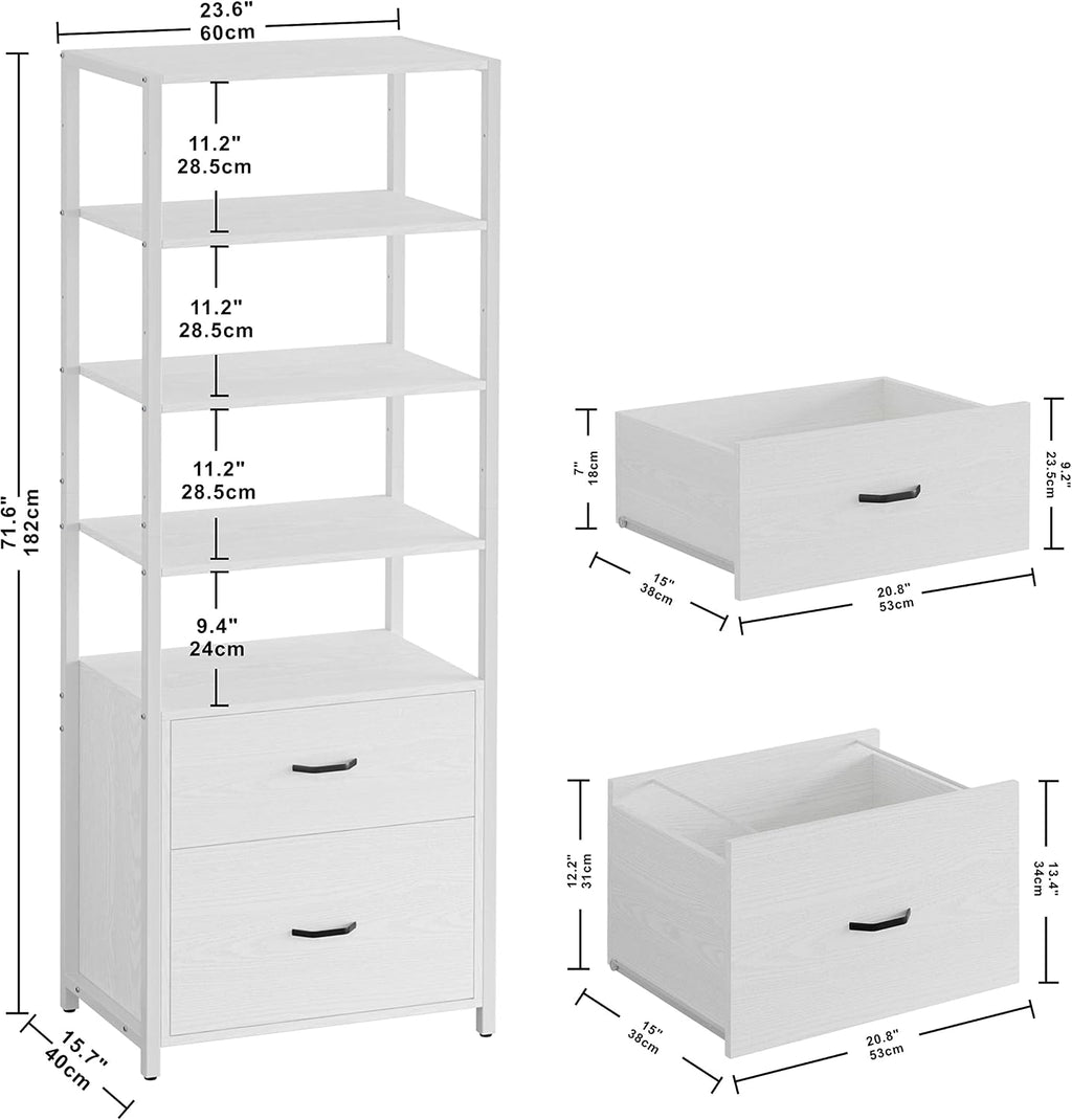 ironck industrial bookcase with file cabinet drawers, white, side view