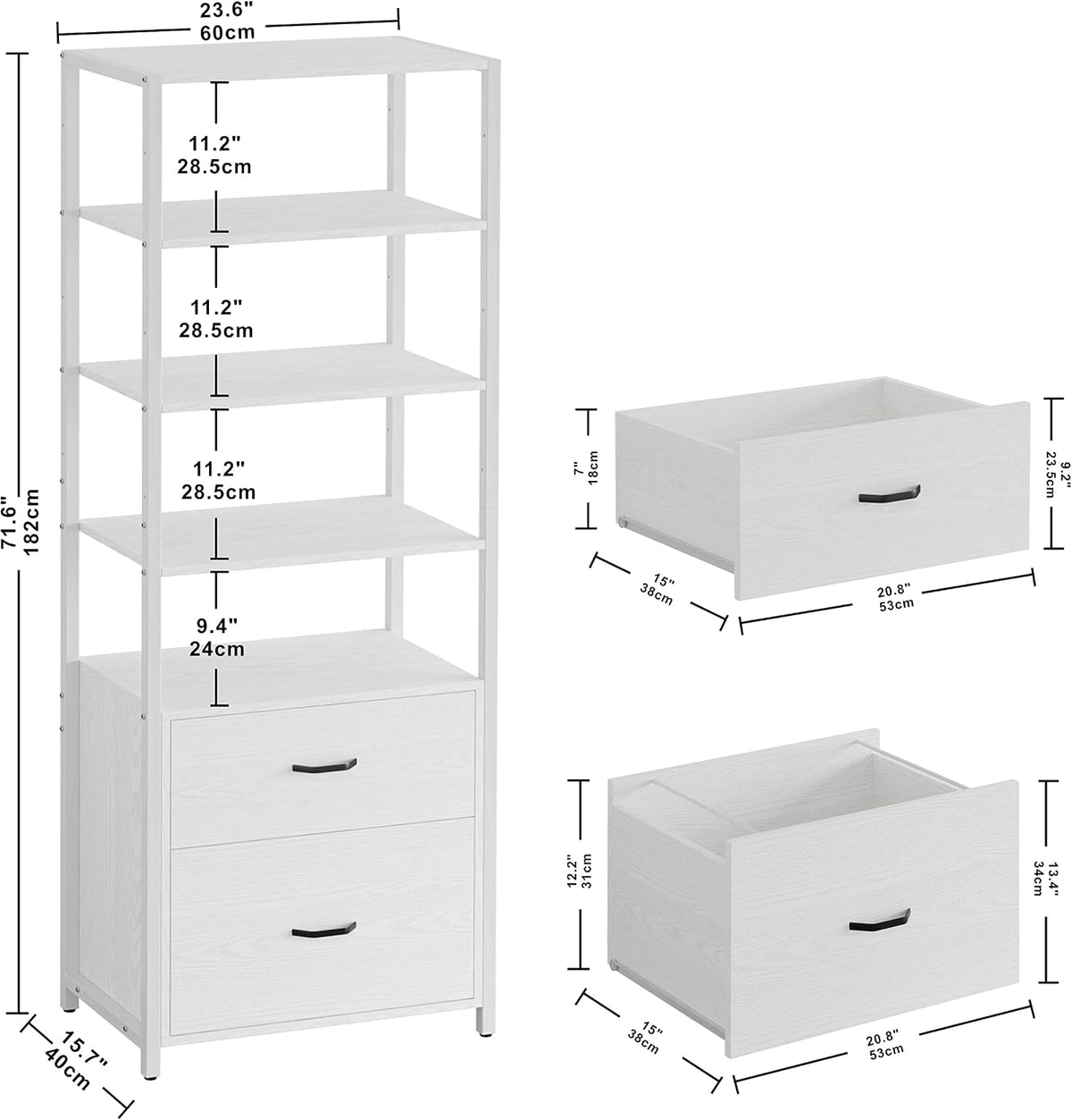 ironck industrial bookcase with file cabinet drawers, white, side view