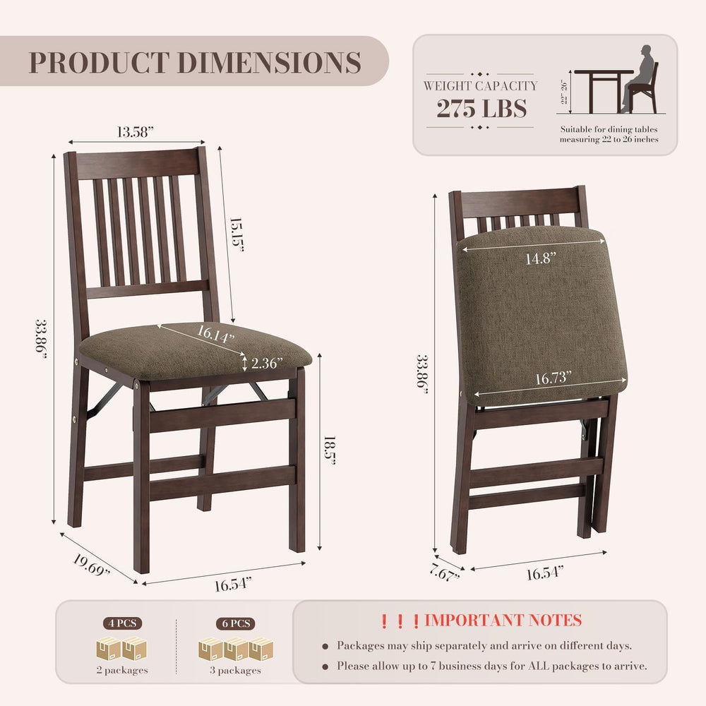Wooden Folding Dining Chairs Set of 2 with Fabric Cushion, Pre‑Assembled