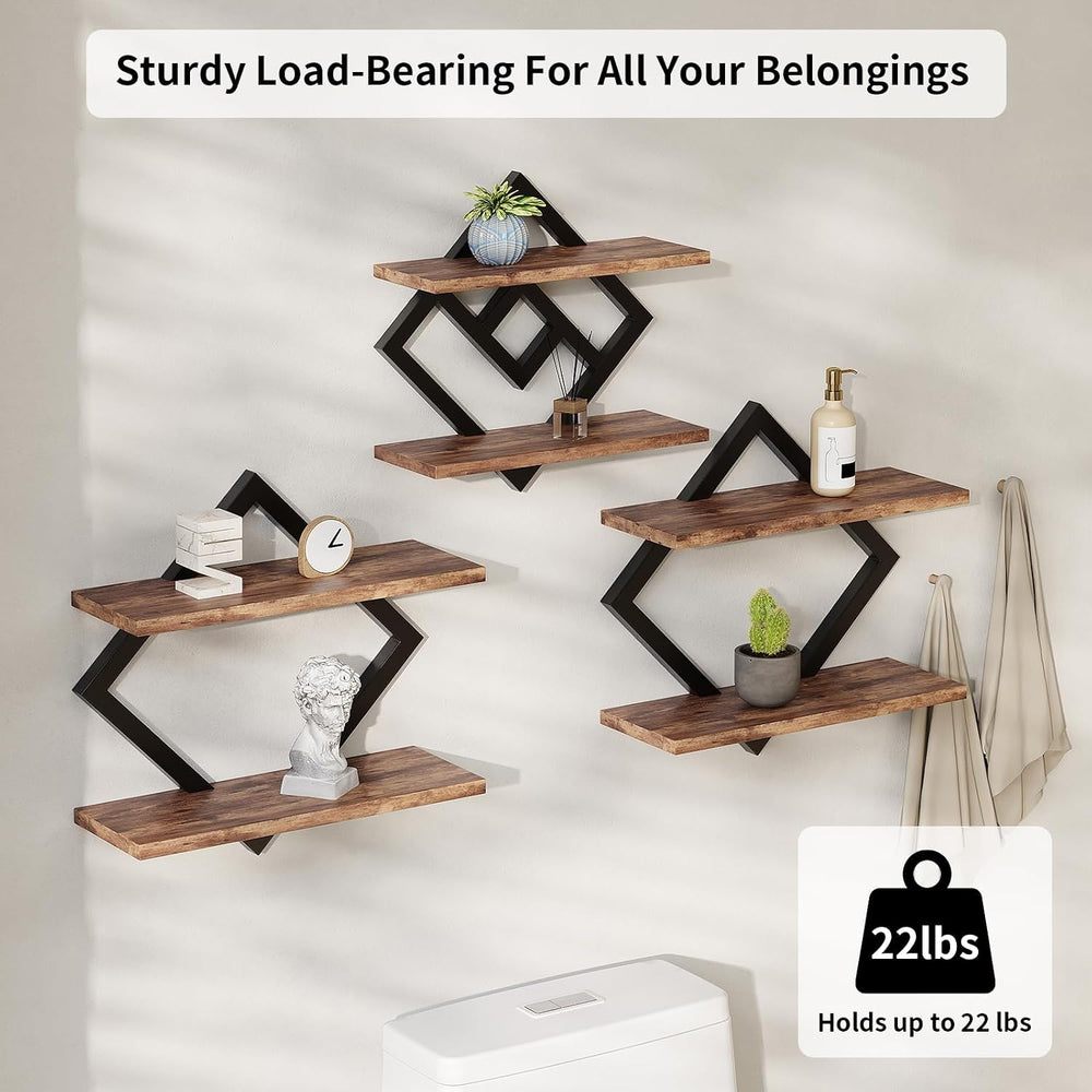 2-Tier Floating Shelves on Wall, 3-Piece Set, Wooden Wall Shelf, Brown