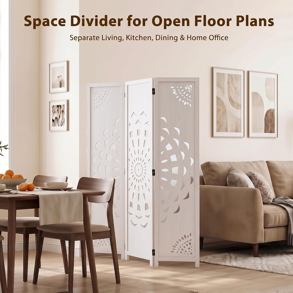 3 Panel Room dividers, 66.9" Boho Double-Sided Carved Screen, White