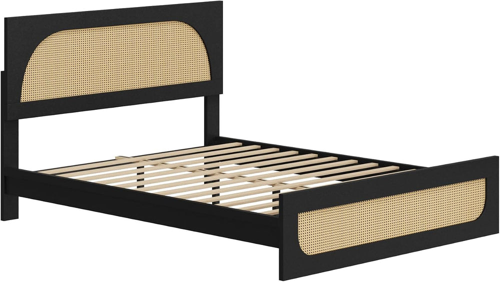 KISLOT Rattan Bed Frame with 2 Nightstands, Boho Platform, Black, Queen