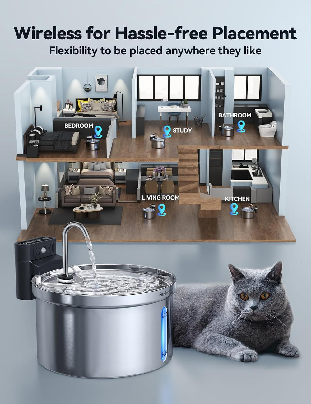 Wireless Cat Water Fountain [Water & Battery Separation] FEELNEEDY Stainl...