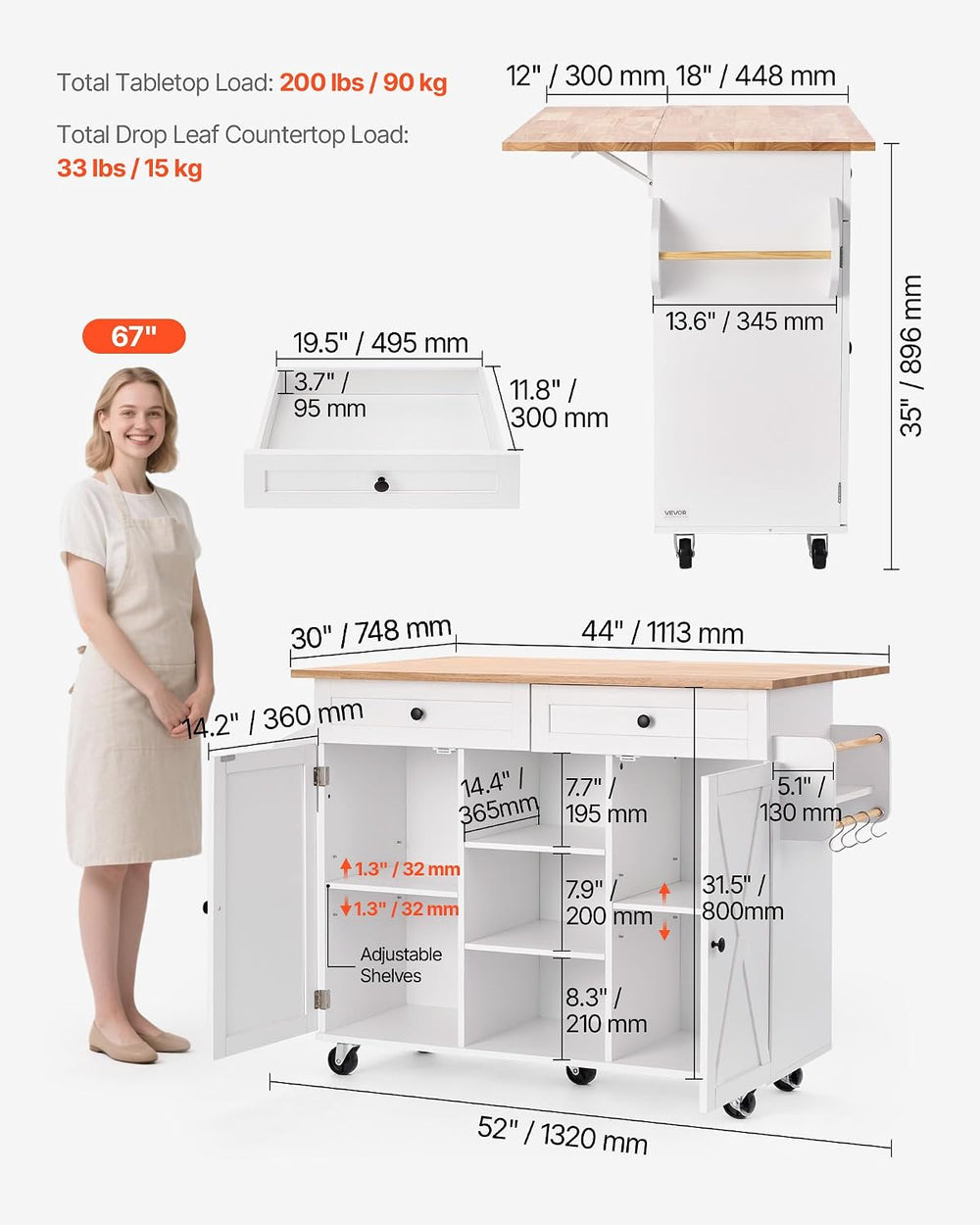 VEVOR Kitchen Island Cart, with Solid Wood Top and Storage Cabinet, Mobile Ro...