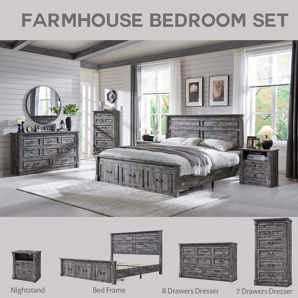 Aitjunz Farmhouse King Size Bed Frame w/51 Tall Headboard, Light Grey