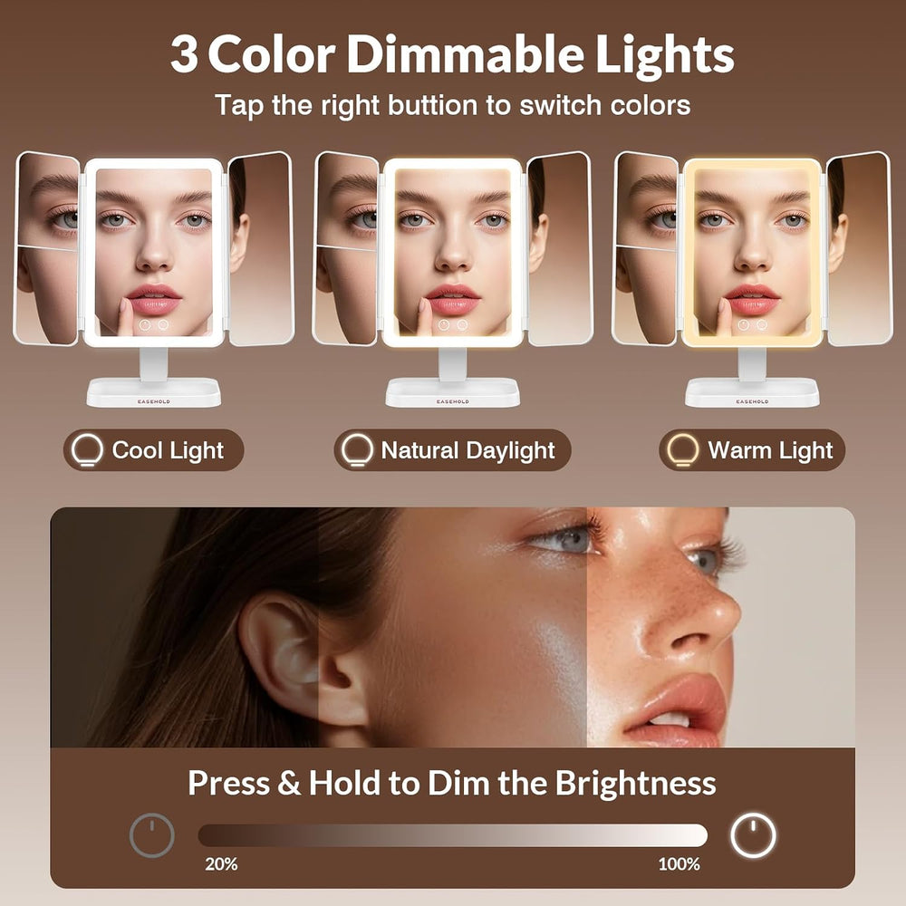 EASEHOLD Trifold Lighted Makeup Vanity Mirror with 1X/2X/3X Magnification