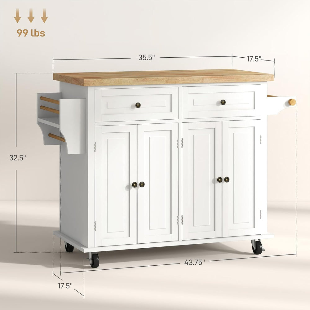 HOMCOM Kitchen Island Cart on Wheels with Solid Wood Top, 44" Cream White