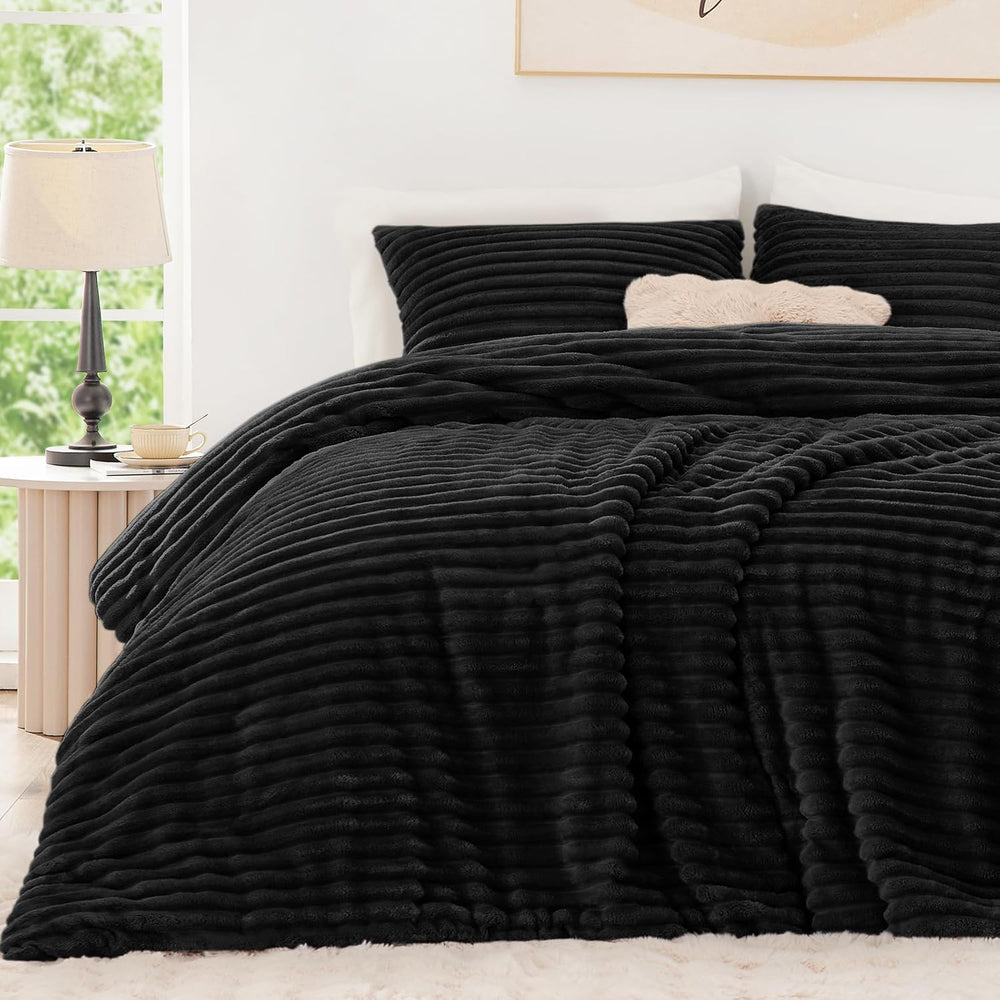 EXQ Home Fluffy Comforter Set Full Size,3 Pieces Bed Set,Black