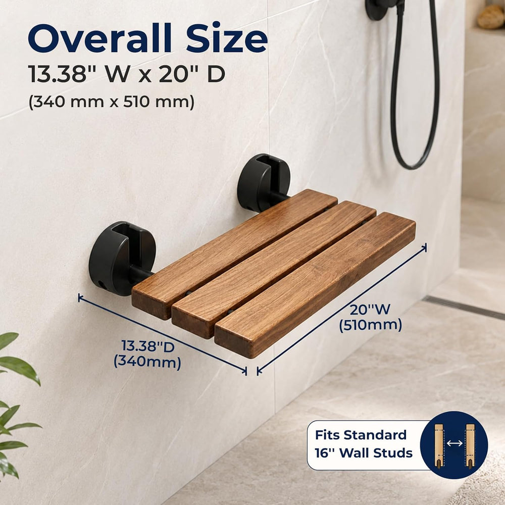 DIYHD 20" Burmese Teak Wood Wall Mounted Folding Shower Bench, Black