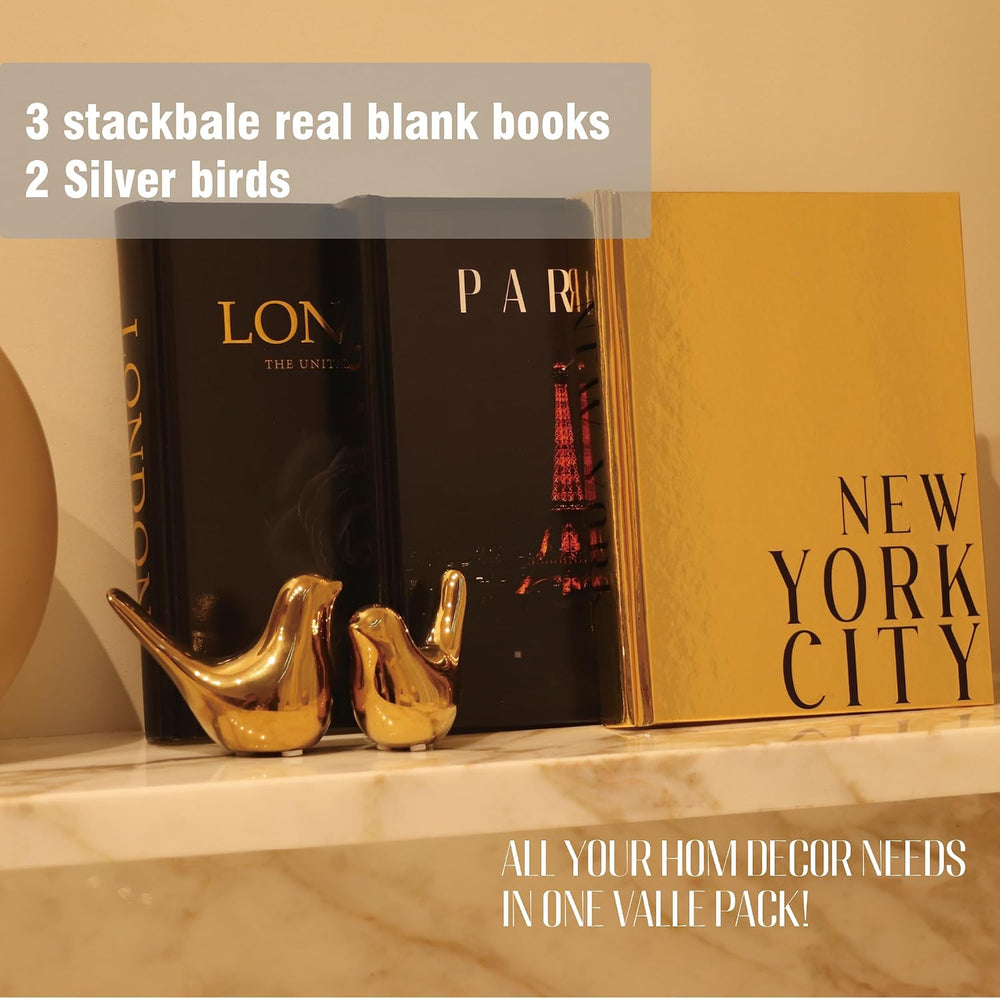 Decorative Books for Home Decor with Gold Bird Statues, 3-Piece Book Set