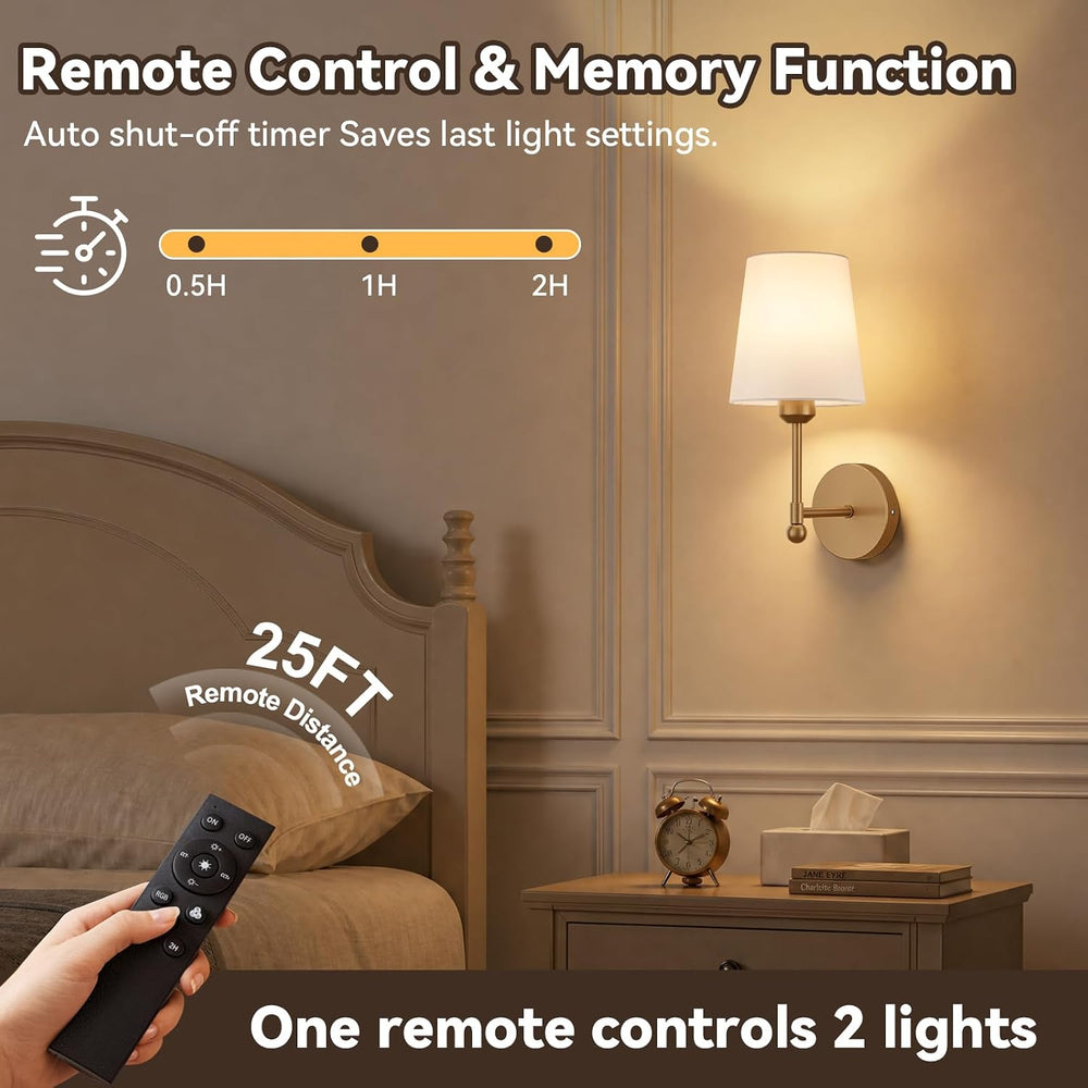 Battery Operated Wall Sconces, Gold, 2 Pack with Magnetic Bulbs,RF Remote