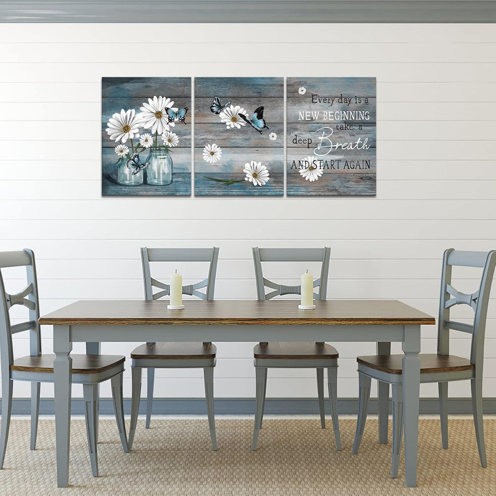 RyounoArt 3 Piece Daisy Wall Art Butterfly Inspirational Picture on Canvas fo...