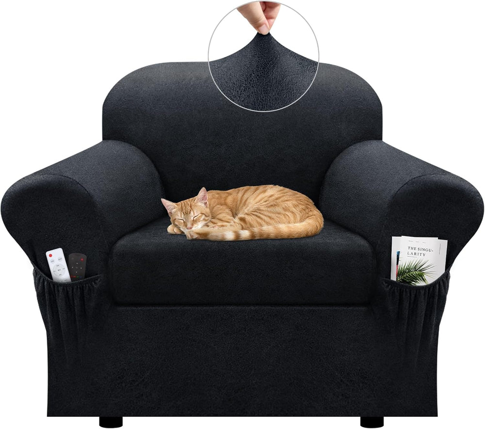 Chair Slipcover with Armrest Pockets 2-Piece Set, Stretch Faux Leather Chair ...