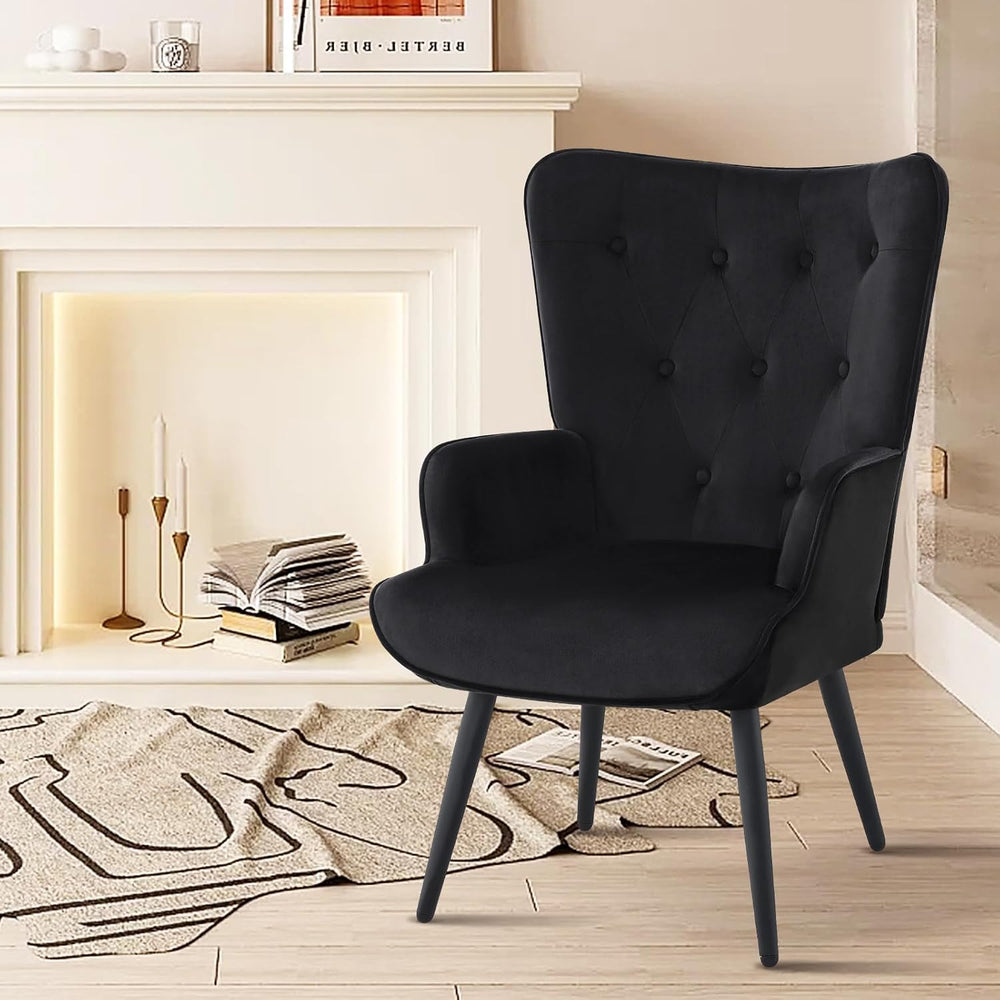 Furnimart Black Velvet Accent Chair Mid Century Modern Living Room Chairs; Co...