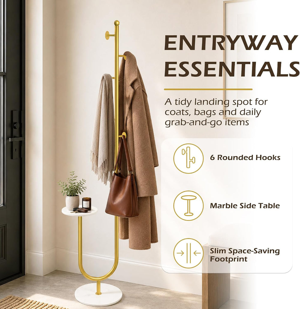 Metal Coat Rack Freestanding, Marble Table & Base, 6 Hooks (Gold)