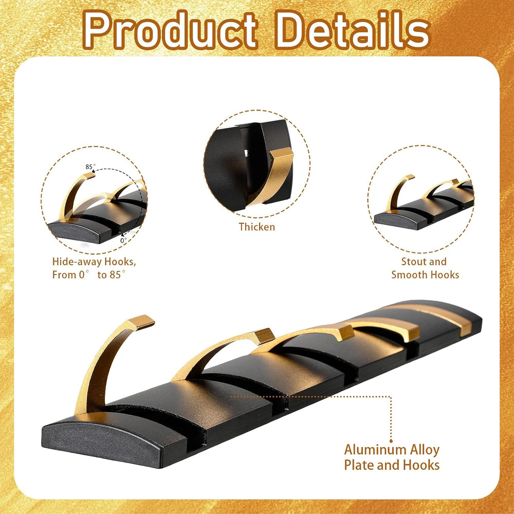 Wesiti 2 Pack Wall Mounted Coat Rack, 5 Foldable Hooks, Black Gold
