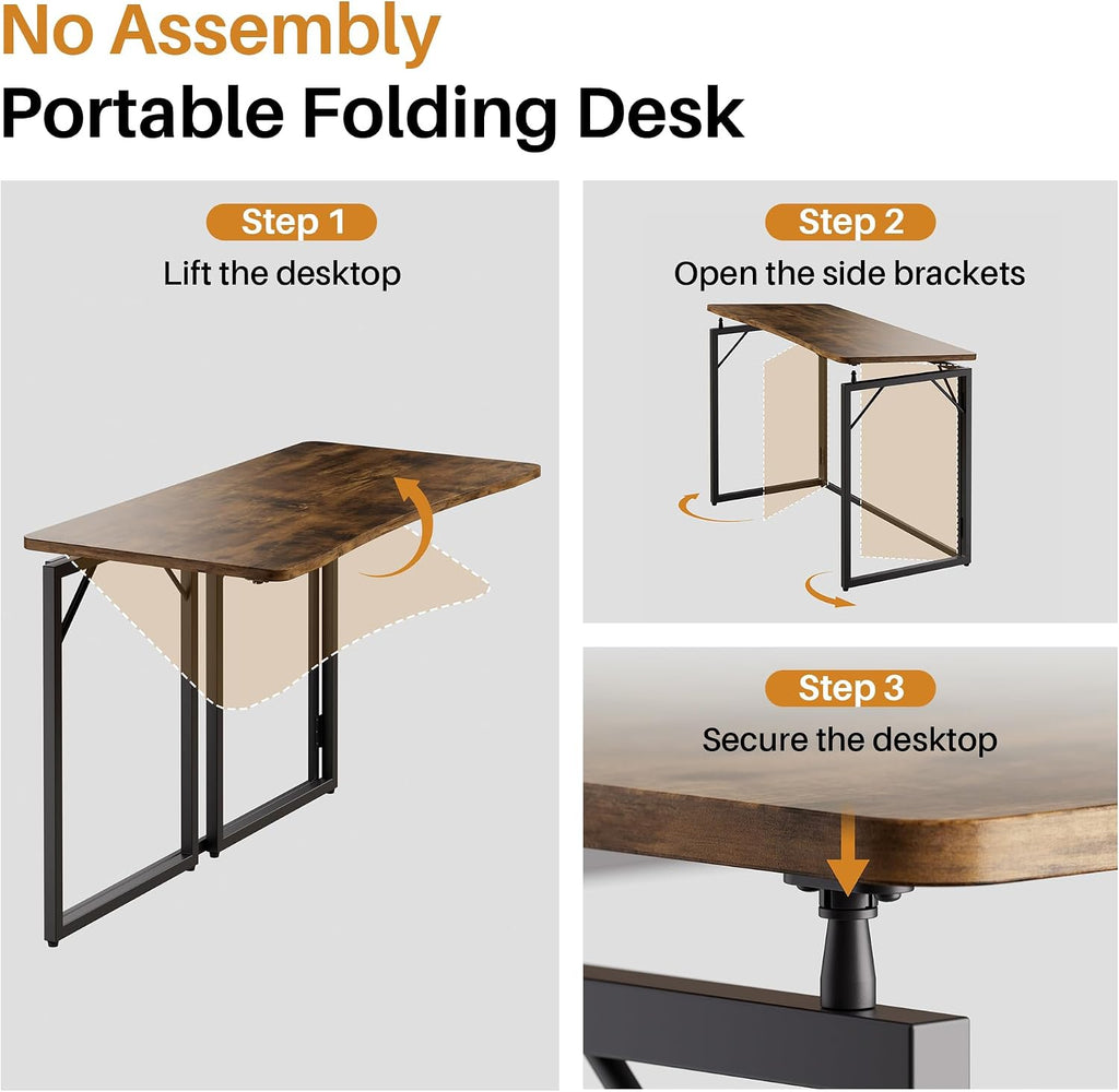 JOYMOOP 31.5" Rustic Brown Folding Desk No Assembly, Wooden Top, Small Size