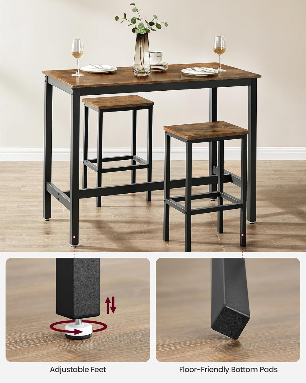VASAGLE Bar Table Set with 2 Bar Stools, Modern Basic