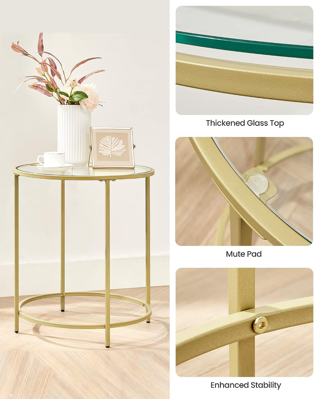 VASAGLE Round Side Tables, Set of 2, Glass End Tables with Metal Frame