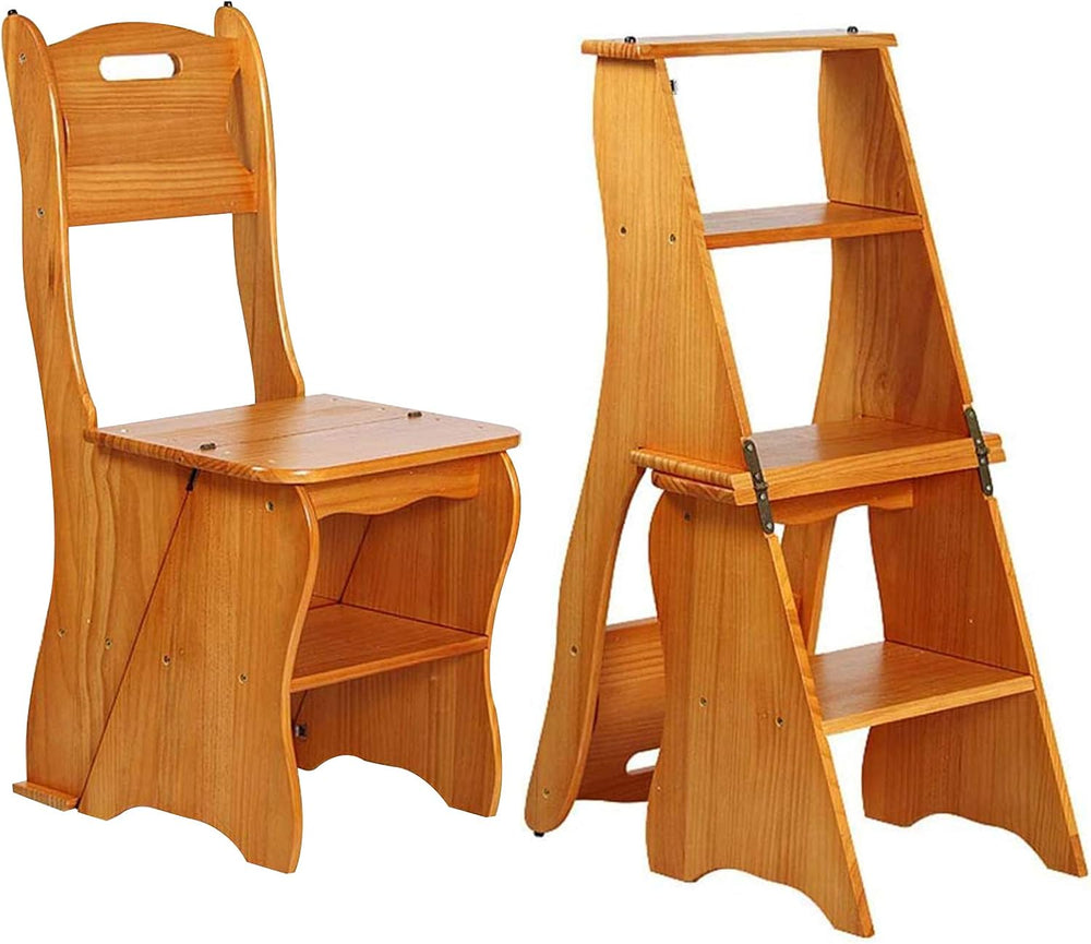 Wooden Folding Library Ladder Chair,2 in 1 Lightweight Portable Multifunction...