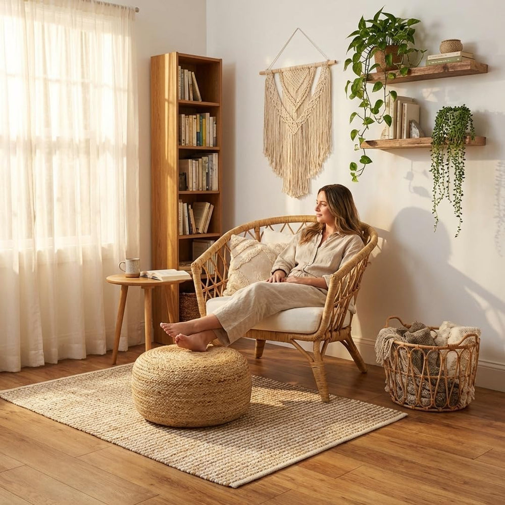 · REDEARTH · Jute Circular Low Pouf - Pouffe Foot Stool - Natural, Set of 2