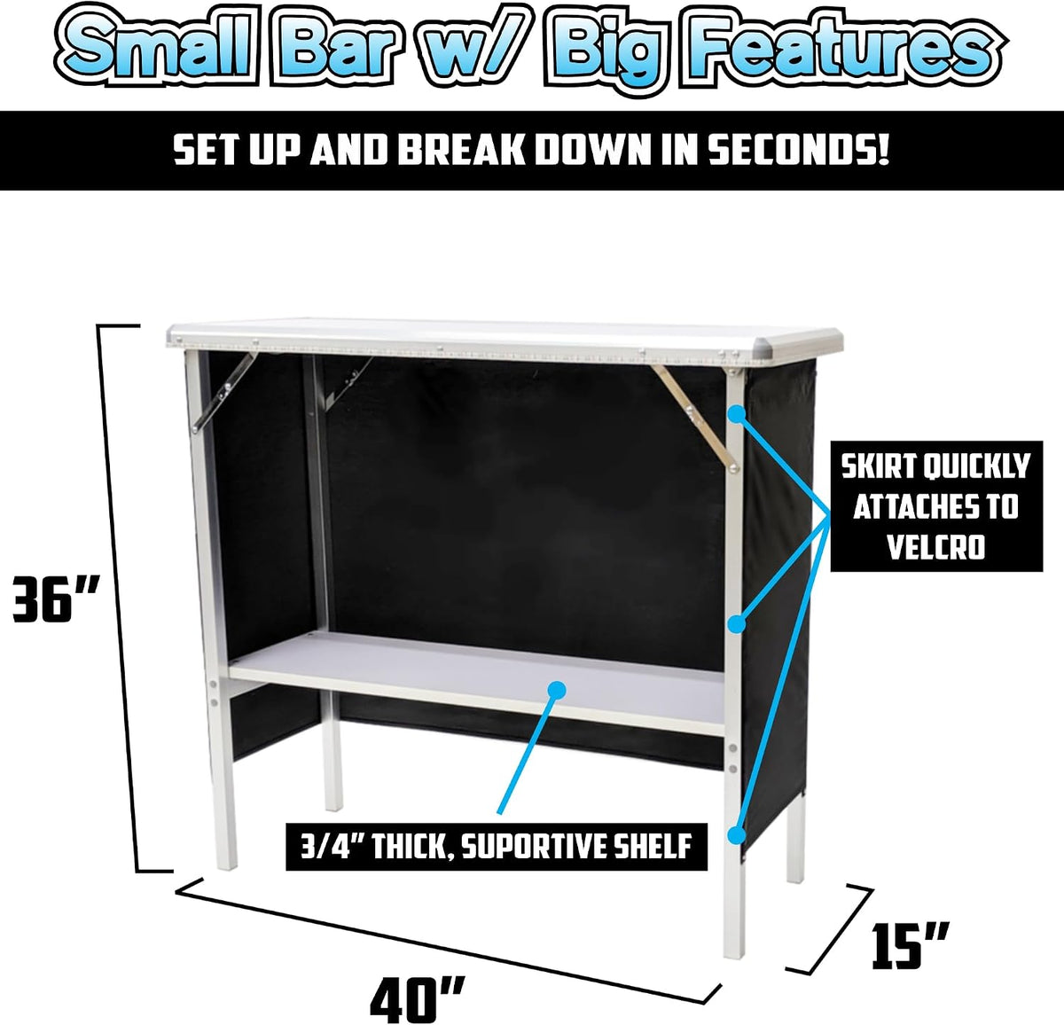 PARTYPONG Folding Portable Double Bar w/LED Lights, Wireless Remote, 2 Bar Skirts, Storage Shelf, & Carrying Case - Prism