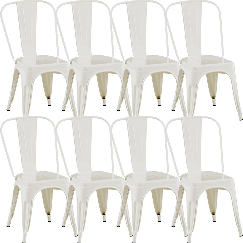 white stackable metal dining chairs, set of 8 shown in use