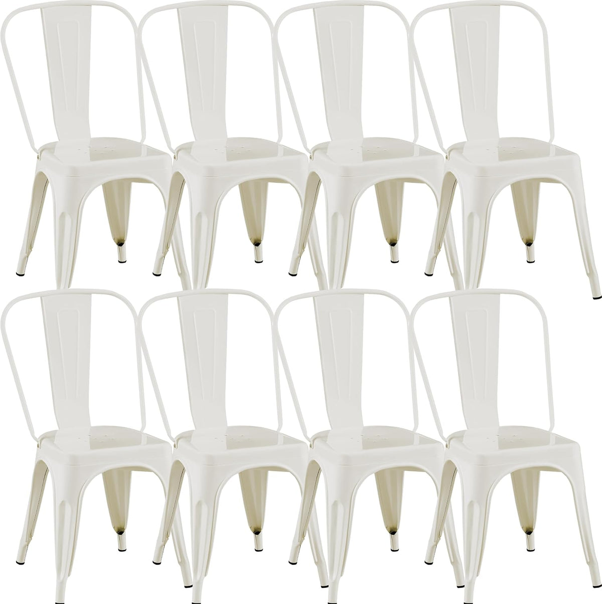 white stackable metal dining chairs, set of 8 shown in use