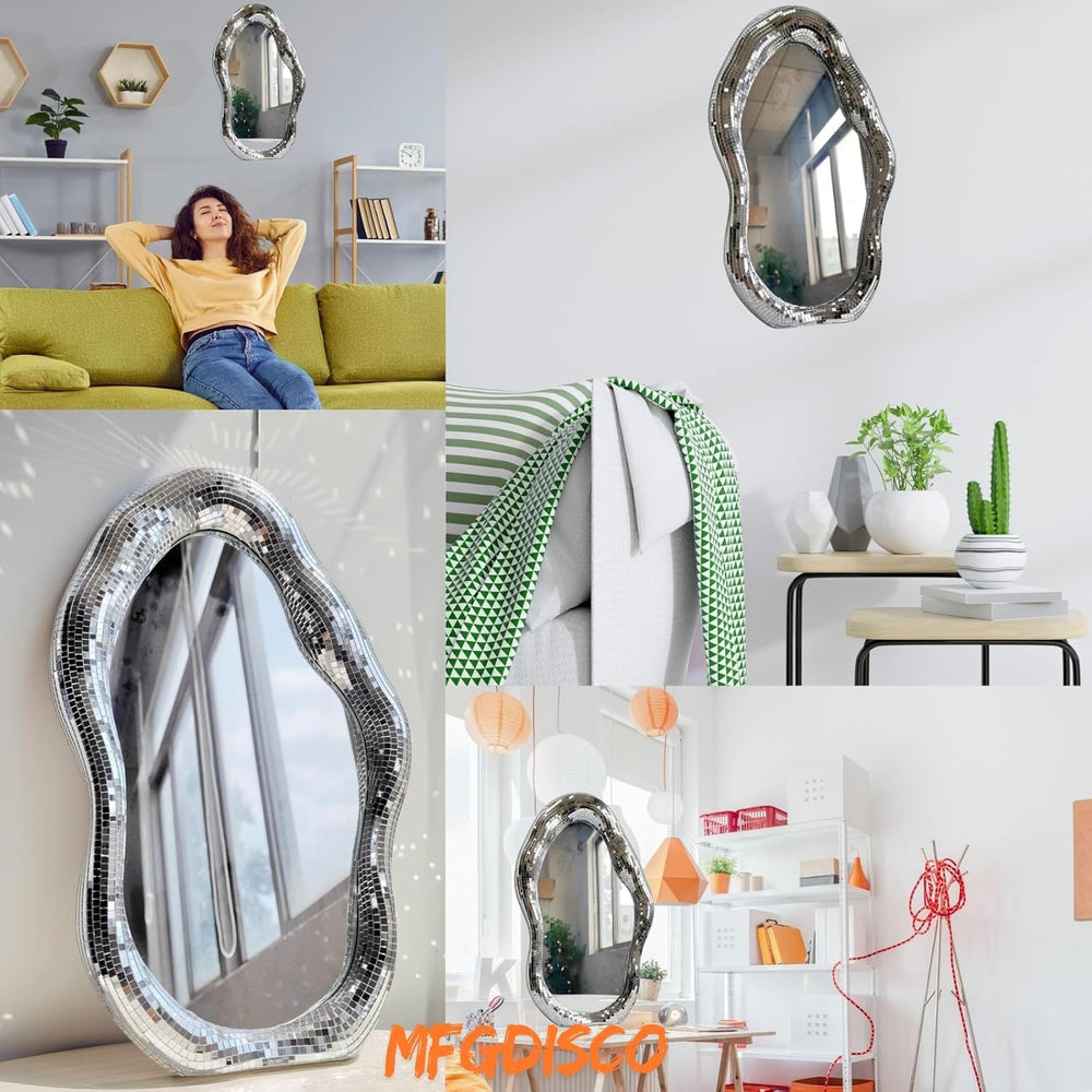 Wavy Disco Mirror, 16in Silver Tabletop Wall Decor with Stand