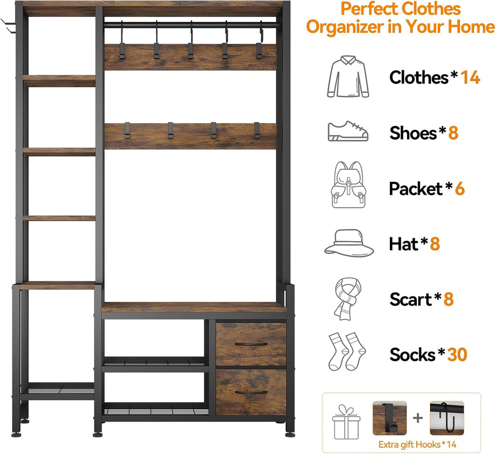 Hall Tree for Entryway 43", Bench with Shoe Storage, Large Coat Rack Sho...