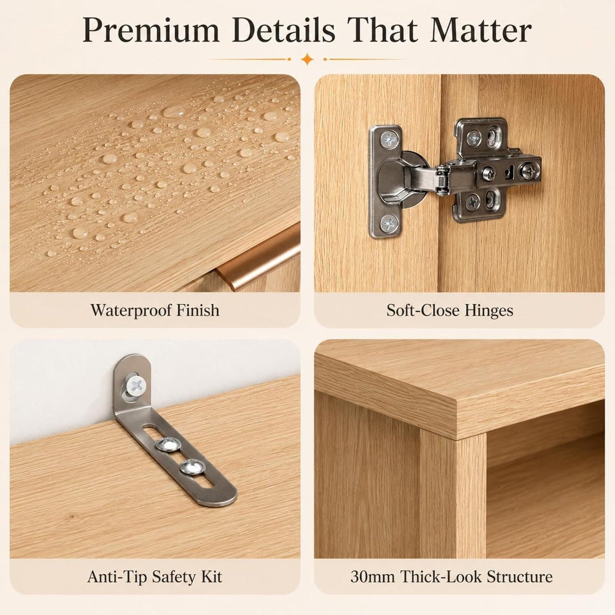 VINGLI Bathroom Storage Cabinet with 3 Drawers & Door, Slim Freestanding Floor Cabinet Organizer for Small Spaces, 30mm Thick-Look Top & Legs, Adjustable Shelf, Modern Fluted Cabinet, Natural Oak