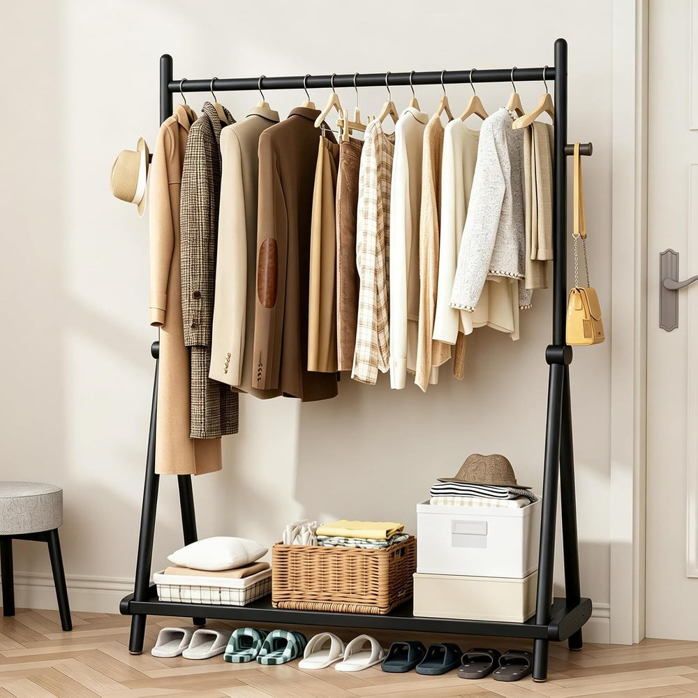 Solid Wood Coat Rack, Freestanding with Double Rods 2 Shelves