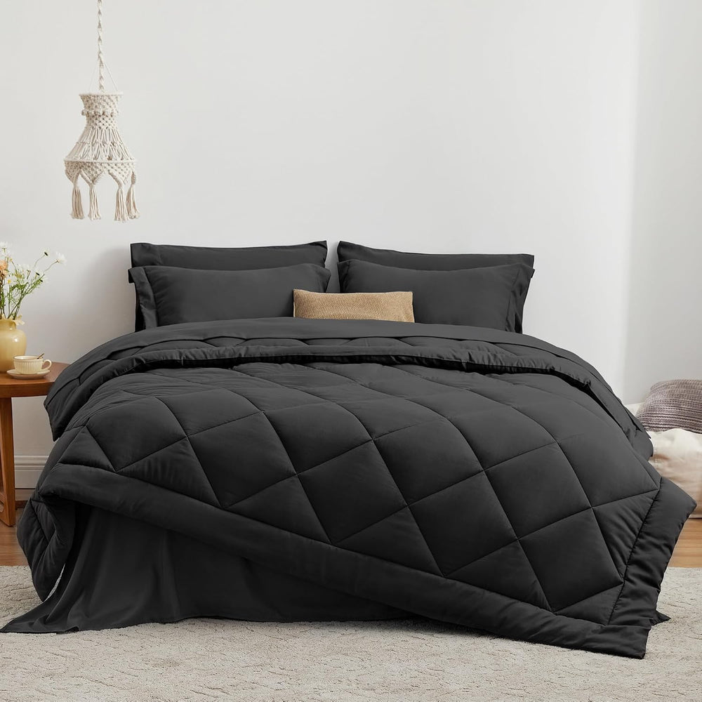 Love's cabin King Size Comforter Set, 7 Pieces Bed in a Bag, Black