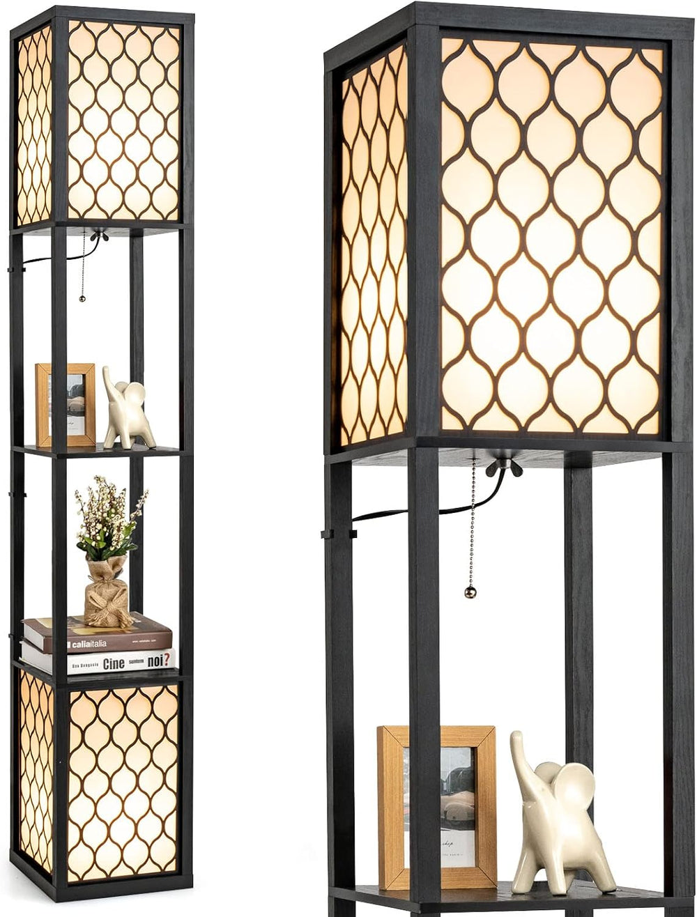Tangkula Modern Shelf Floor Lamp, Freestanding Double Lamp w/ 2-Tier Wood She...