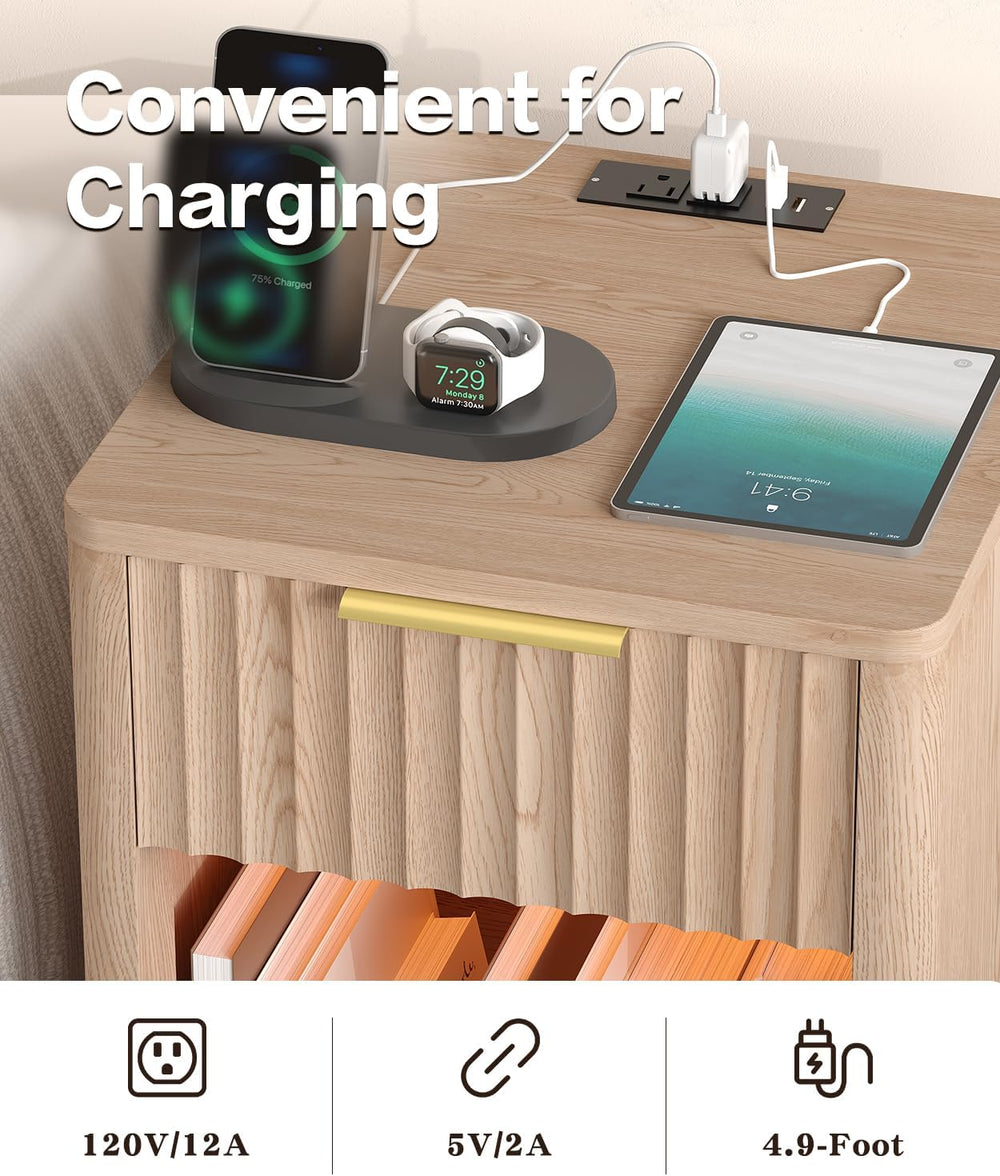 Akxomel Fluted Nightstand Set 2 Bedside Table with Charging Station Oak