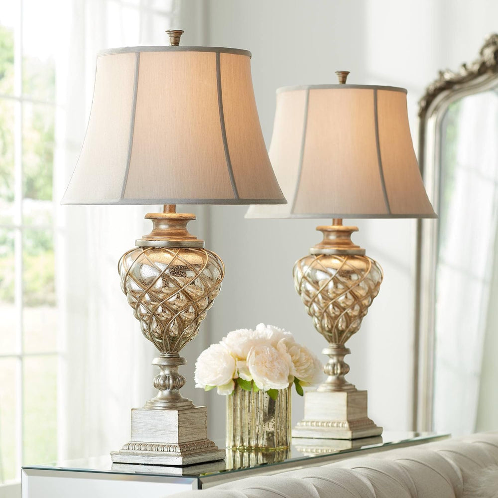 Mercury Glass 33 3/4" Large Table Lamps Set of 2 LED Night Light