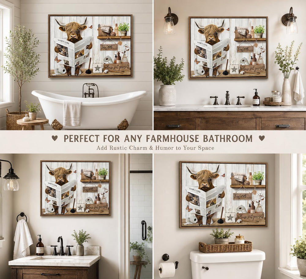 Highland Cow Bathroom Wall Art Rustic Funny Farmhouse Wall Decor 16×24 in