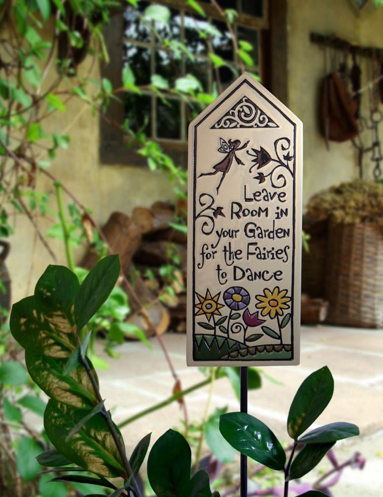 Ceramic Tile Garden Stake with 'Leave Room for Fairies to Dance' Quote