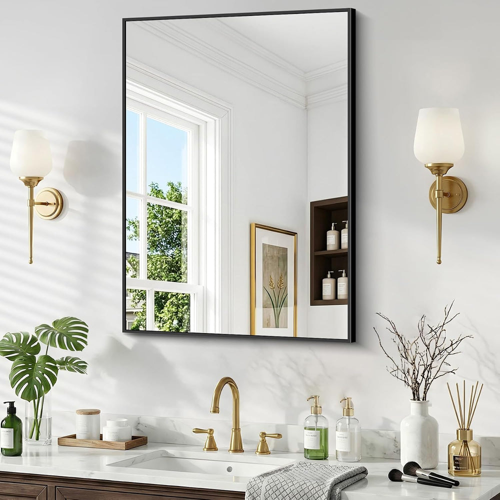 Bathroom Mirror, 30 x 24 inch Metal Framed Black Rectangle Mirror for Wall