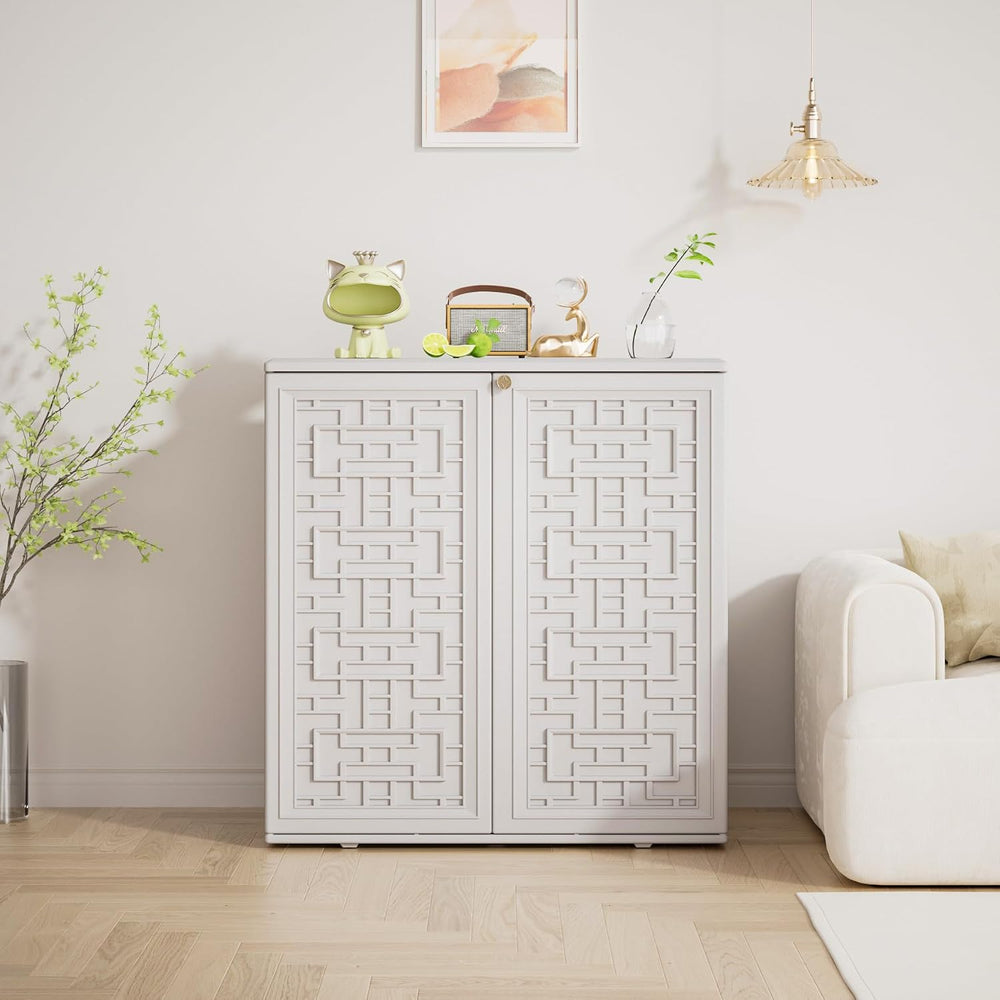 Mrosaa Indoor Outdoor Storage Cabinet Waterproof with Shelf, Off White Plasti...